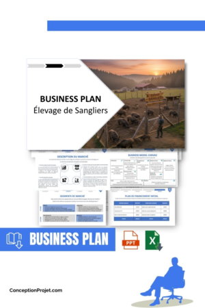 Pack Business Plan pour Élevage de Sangliers - Modèle de business plan professionnel pour Élevage de Sangliers, spécialement conçu pour les entrepreneurs, incluant un prévisionnel financier 100% automatisé, une stratégie marketing intégrée, ainsi qu’une analyse complète (SWOT, Business Model Canvas, étude de marché et analyse des risques). Ce document au design moderne et entièrement personnalisable sous Word est structuré pour répondre aux exigences des banques et des investisseurs, tout en permettant un gain de temps considérable grâce à son contenu pré-rédigé.