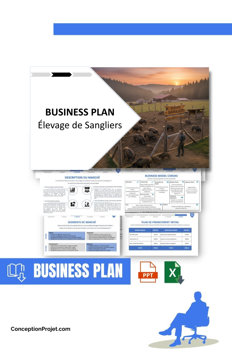 Pack Business Plan pour Élevage de Sangliers - Modèle de business plan professionnel pour Élevage de Sangliers, spécialement conçu pour les entrepreneurs, incluant un prévisionnel financier 100% automatisé, une stratégie marketing intégrée, ainsi qu’une analyse complète (SWOT, Business Model Canvas, étude de marché et analyse des risques). Ce document au design moderne et entièrement personnalisable sous Word est structuré pour répondre aux exigences des banques et des investisseurs, tout en permettant un gain de temps considérable grâce à son contenu pré-rédigé.