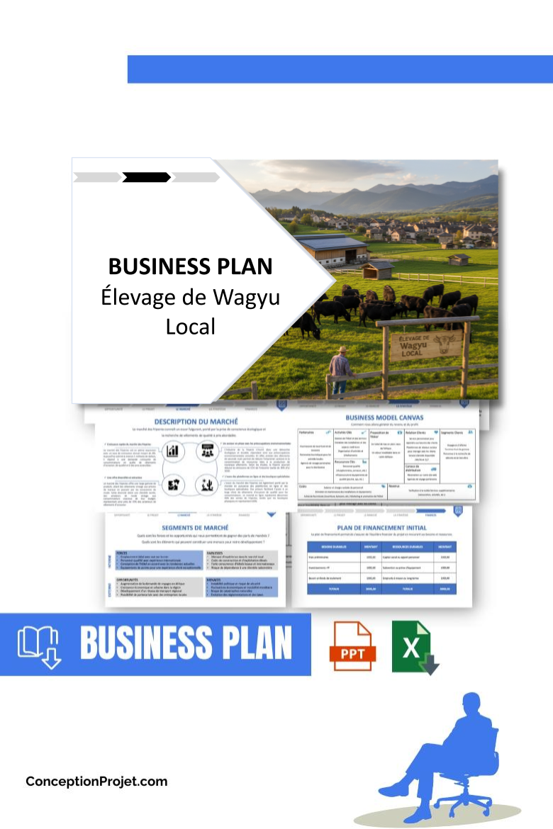 Pack Business Plan pour Élevage de Wagyu Local - Modèle de business plan professionnel pour Élevage de Wagyu Local, spécialement conçu pour les entrepreneurs, incluant un prévisionnel financier 100% automatisé, une stratégie marketing intégrée, ainsi qu’une analyse complète (SWOT, Business Model Canvas, étude de marché et analyse des risques). Ce document au design moderne et entièrement personnalisable sous Word est structuré pour répondre aux exigences des banques et des investisseurs, tout en permettant un gain de temps considérable grâce à son contenu pré-rédigé.