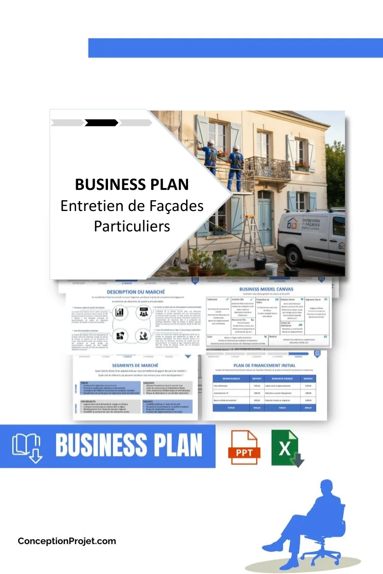 Pack Business Plan pour Entretien de Façades Particuliers - Modèle de business plan professionnel pour Entretien de Façades Particuliers, spécialement conçu pour les entrepreneurs, incluant un prévisionnel financier 100% automatisé, une stratégie marketing intégrée, ainsi qu’une analyse complète (SWOT, Business Model Canvas, étude de marché et analyse des risques). Ce document au design moderne et entièrement personnalisable sous Word est structuré pour répondre aux exigences des banques et des investisseurs, tout en permettant un gain de temps considérable grâce à son contenu pré-rédigé.