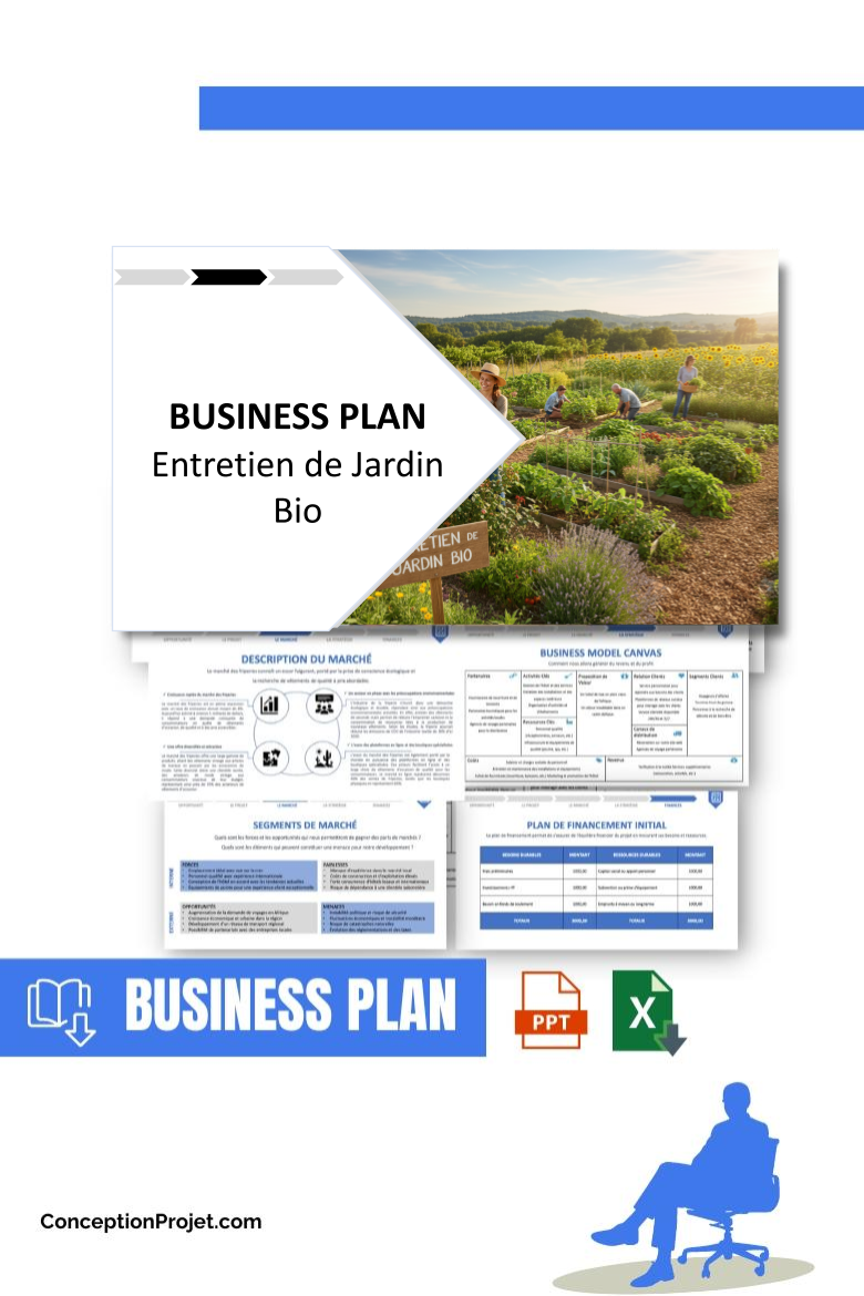 Pack Business Plan pour Entretien de Jardin Bio - Modèle de business plan professionnel pour Entretien de Jardin Bio, spécialement conçu pour les entrepreneurs, incluant un prévisionnel financier 100% automatisé, une stratégie marketing intégrée, ainsi qu’une analyse complète (SWOT, Business Model Canvas, étude de marché et analyse des risques). Ce document au design moderne et entièrement personnalisable sous Word est structuré pour répondre aux exigences des banques et des investisseurs, tout en permettant un gain de temps considérable grâce à son contenu pré-rédigé.