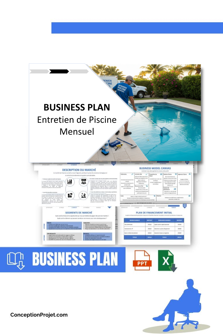 Pack Business Plan pour Entretien de Piscine Mensuel - Modèle de business plan professionnel pour Entretien de Piscine Mensuel, spécialement conçu pour les entrepreneurs, incluant un prévisionnel financier 100% automatisé, une stratégie marketing intégrée, ainsi qu’une analyse complète (SWOT, Business Model Canvas, étude de marché et analyse des risques). Ce document au design moderne et entièrement personnalisable sous Word est structuré pour répondre aux exigences des banques et des investisseurs, tout en permettant un gain de temps considérable grâce à son contenu pré-rédigé.