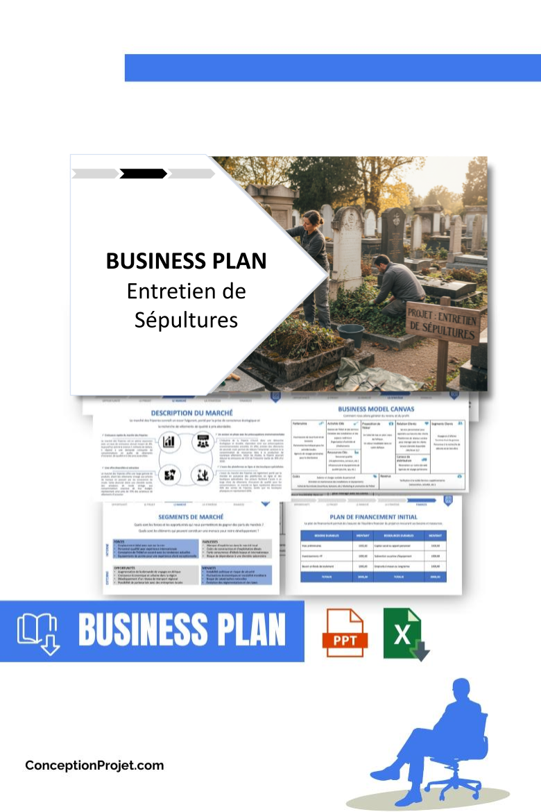 Pack Business Plan pour Entretien de Sépultures - Modèle de business plan professionnel pour Entretien de Sépultures, spécialement conçu pour les entrepreneurs, incluant un prévisionnel financier 100% automatisé, une stratégie marketing intégrée, ainsi qu’une analyse complète (SWOT, Business Model Canvas, étude de marché et analyse des risques). Ce document au design moderne et entièrement personnalisable sous Word est structuré pour répondre aux exigences des banques et des investisseurs, tout en permettant un gain de temps considérable grâce à son contenu pré-rédigé.