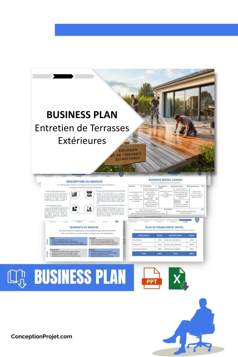 Pack Business Plan pour Entretien de Terrasses Extérieures - Modèle de business plan professionnel pour Entretien de Terrasses Extérieures, spécialement conçu pour les entrepreneurs, incluant un prévisionnel financier 100% automatisé, une stratégie marketing intégrée, ainsi qu’une analyse complète (SWOT, Business Model Canvas, étude de marché et analyse des risques). Ce document au design moderne et entièrement personnalisable sous Word est structuré pour répondre aux exigences des banques et des investisseurs, tout en permettant un gain de temps considérable grâce à son contenu pré-rédigé.