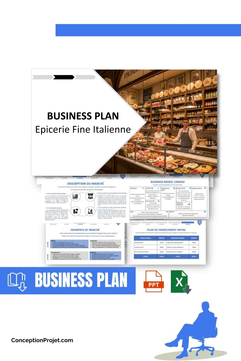 Pack Business Plan pour Epicerie Fine Italienne - Modèle de business plan professionnel pour Epicerie Fine Italienne, spécialement conçu pour les entrepreneurs, incluant un prévisionnel financier 100% automatisé, une stratégie marketing intégrée, ainsi qu’une analyse complète (SWOT, Business Model Canvas, étude de marché et analyse des risques). Ce document au design moderne et entièrement personnalisable sous Word est structuré pour répondre aux exigences des banques et des investisseurs, tout en permettant un gain de temps considérable grâce à son contenu pré-rédigé.