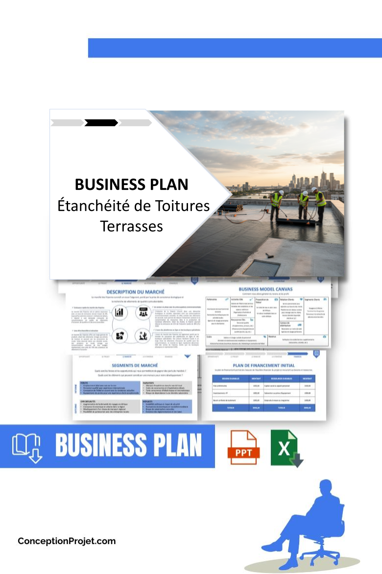Pack Business Plan pour Étanchéité de Toitures Terrasses - Modèle de business plan professionnel pour Étanchéité de Toitures Terrasses, spécialement conçu pour les entrepreneurs, incluant un prévisionnel financier 100% automatisé, une stratégie marketing intégrée, ainsi qu’une analyse complète (SWOT, Business Model Canvas, étude de marché et analyse des risques). Ce document au design moderne et entièrement personnalisable sous Word est structuré pour répondre aux exigences des banques et des investisseurs, tout en permettant un gain de temps considérable grâce à son contenu pré-rédigé.