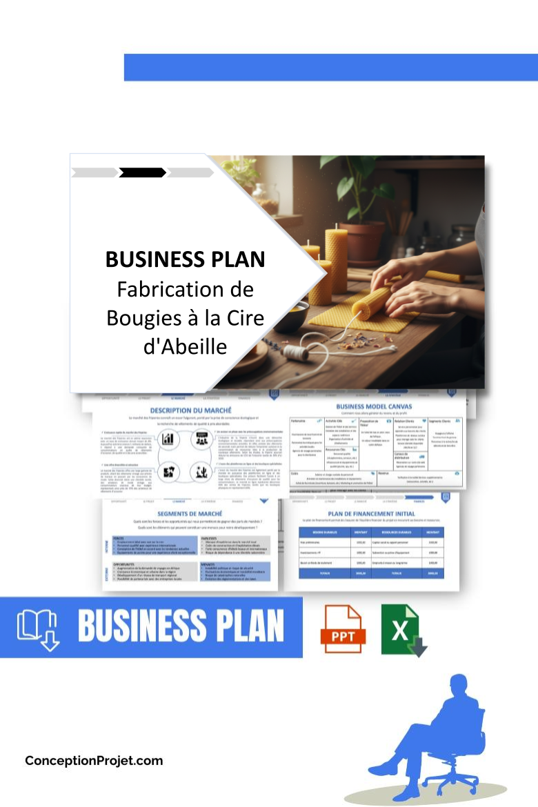 Pack Business Plan pour Fabrication de Bougies à la Cire d'Abeille - Modèle de business plan professionnel pour Fabrication de Bougies à la Cire d'Abeille, spécialement conçu pour les entrepreneurs, incluant un prévisionnel financier 100% automatisé, une stratégie marketing intégrée, ainsi qu’une analyse complète (SWOT, Business Model Canvas, étude de marché et analyse des risques). Ce document au design moderne et entièrement personnalisable sous Word est structuré pour répondre aux exigences des banques et des investisseurs, tout en permettant un gain de temps considérable grâce à son contenu pré-rédigé.