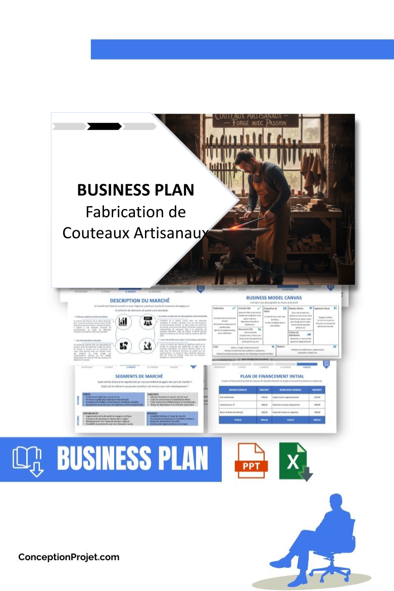 Pack Business Plan pour Fabrication de Couteaux Artisanaux - Modèle de business plan professionnel pour Fabrication de Couteaux Artisanaux, spécialement conçu pour les entrepreneurs, incluant un prévisionnel financier 100% automatisé, une stratégie marketing intégrée, ainsi qu’une analyse complète (SWOT, Business Model Canvas, étude de marché et analyse des risques). Ce document au design moderne et entièrement personnalisable sous Word est structuré pour répondre aux exigences des banques et des investisseurs, tout en permettant un gain de temps considérable grâce à son contenu pré-rédigé.