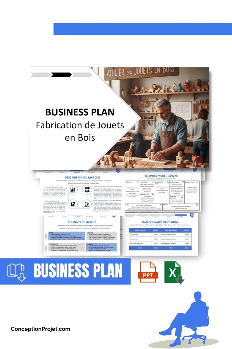 Pack Business Plan pour Fabrication de Jouets en Bois - Modèle de business plan professionnel pour Fabrication de Jouets en Bois, spécialement conçu pour les entrepreneurs, incluant un prévisionnel financier 100% automatisé, une stratégie marketing intégrée, ainsi qu’une analyse complète (SWOT, Business Model Canvas, étude de marché et analyse des risques). Ce document au design moderne et entièrement personnalisable sous Word est structuré pour répondre aux exigences des banques et des investisseurs, tout en permettant un gain de temps considérable grâce à son contenu pré-rédigé.