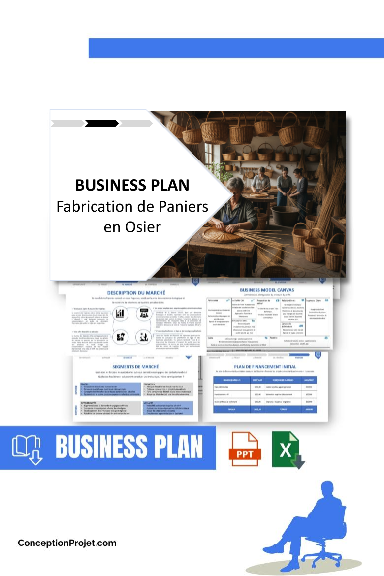 Pack Business Plan pour Fabrication de Paniers en Osier - Modèle de business plan professionnel pour Fabrication de Paniers en Osier, spécialement conçu pour les entrepreneurs, incluant un prévisionnel financier 100% automatisé, une stratégie marketing intégrée, ainsi qu’une analyse complète (SWOT, Business Model Canvas, étude de marché et analyse des risques). Ce document au design moderne et entièrement personnalisable sous Word est structuré pour répondre aux exigences des banques et des investisseurs, tout en permettant un gain de temps considérable grâce à son contenu pré-rédigé.