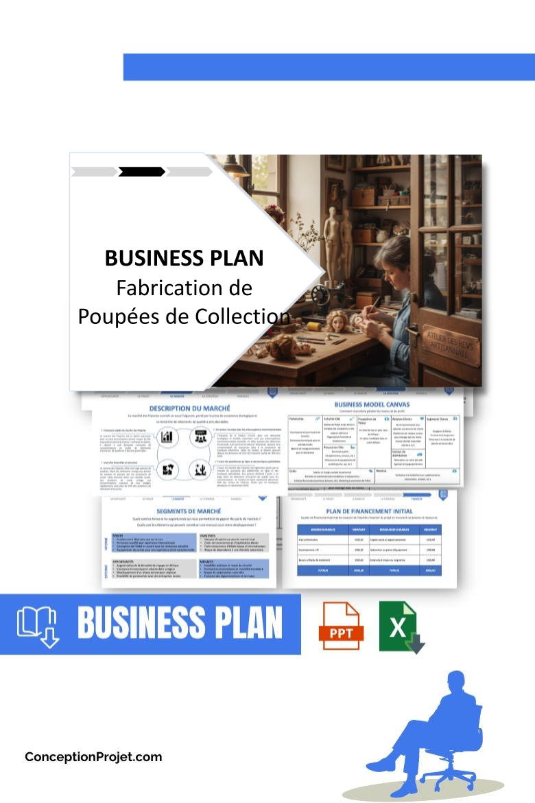 Pack Business Plan pour Fabrication de Poupées de Collection - Modèle de business plan professionnel pour Fabrication de Poupées de Collection, spécialement conçu pour les entrepreneurs, incluant un prévisionnel financier 100% automatisé, une stratégie marketing intégrée, ainsi qu’une analyse complète (SWOT, Business Model Canvas, étude de marché et analyse des risques). Ce document au design moderne et entièrement personnalisable sous Word est structuré pour répondre aux exigences des banques et des investisseurs, tout en permettant un gain de temps considérable grâce à son contenu pré-rédigé.
