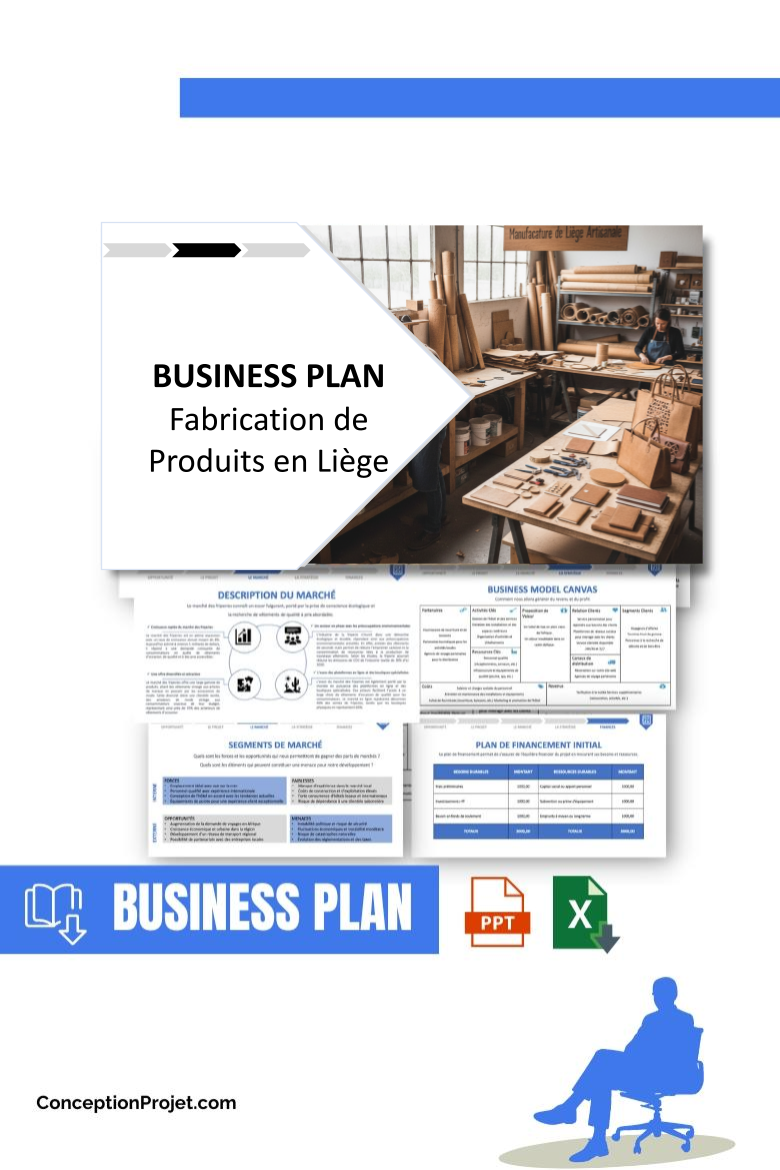 Pack Business Plan pour Fabrication de Produits en Liège - Modèle de business plan professionnel pour Fabrication de Produits en Liège, spécialement conçu pour les entrepreneurs, incluant un prévisionnel financier 100% automatisé, une stratégie marketing intégrée, ainsi qu’une analyse complète (SWOT, Business Model Canvas, étude de marché et analyse des risques). Ce document au design moderne et entièrement personnalisable sous Word est structuré pour répondre aux exigences des banques et des investisseurs, tout en permettant un gain de temps considérable grâce à son contenu pré-rédigé.