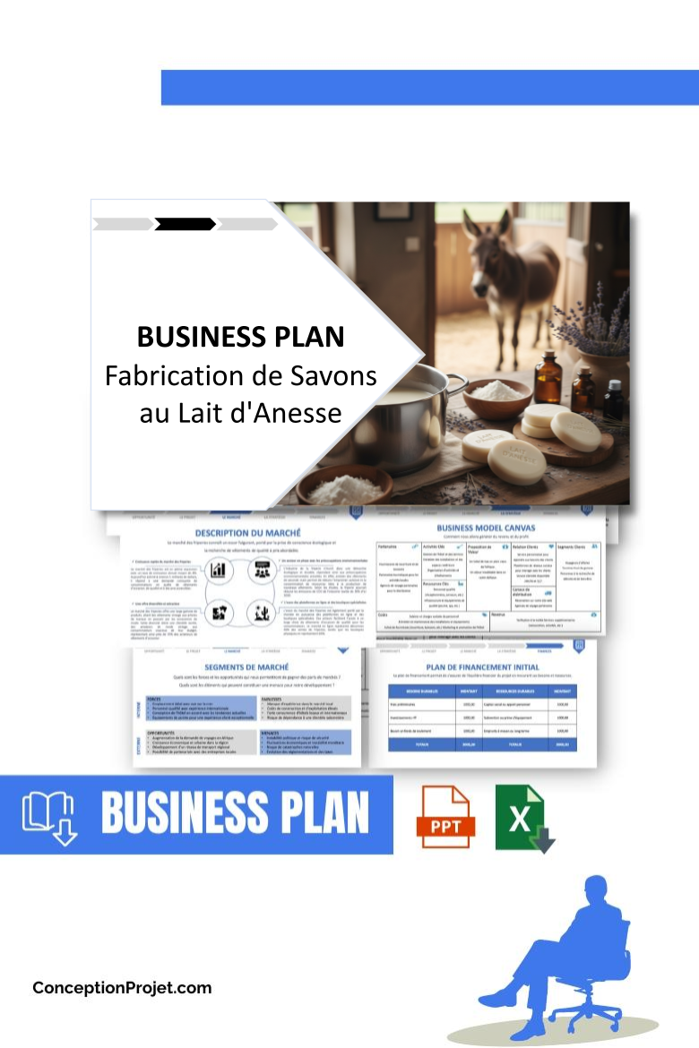 Pack Business Plan pour Fabrication de Savons au Lait d'Anesse - Modèle de business plan professionnel pour Fabrication de Savons au Lait d'Anesse, spécialement conçu pour les entrepreneurs, incluant un prévisionnel financier 100% automatisé, une stratégie marketing intégrée, ainsi qu’une analyse complète (SWOT, Business Model Canvas, étude de marché et analyse des risques). Ce document au design moderne et entièrement personnalisable sous Word est structuré pour répondre aux exigences des banques et des investisseurs, tout en permettant un gain de temps considérable grâce à son contenu pré-rédigé.