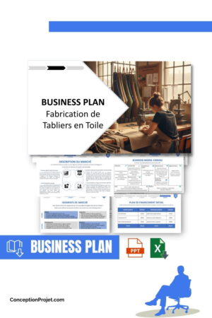 Pack Business Plan pour Fabrication de Tabliers en Toile - Modèle de business plan professionnel pour Fabrication de Tabliers en Toile, spécialement conçu pour les entrepreneurs, incluant un prévisionnel financier 100% automatisé, une stratégie marketing intégrée, ainsi qu’une analyse complète (SWOT, Business Model Canvas, étude de marché et analyse des risques). Ce document au design moderne et entièrement personnalisable sous Word est structuré pour répondre aux exigences des banques et des investisseurs, tout en permettant un gain de temps considérable grâce à son contenu pré-rédigé.