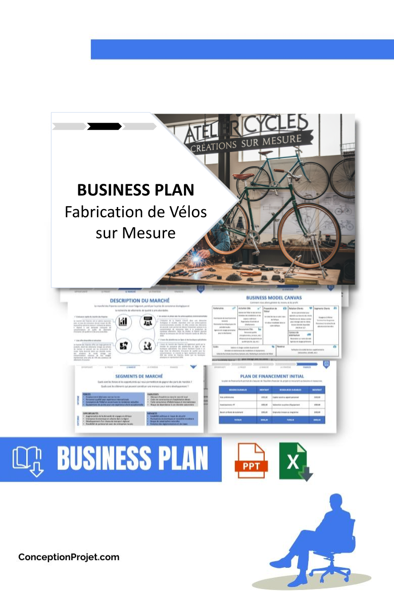 Pack Business Plan pour Fabrication de Vélos sur Mesure - Modèle de business plan professionnel pour Fabrication de Vélos sur Mesure, spécialement conçu pour les entrepreneurs, incluant un prévisionnel financier 100% automatisé, une stratégie marketing intégrée, ainsi qu’une analyse complète (SWOT, Business Model Canvas, étude de marché et analyse des risques). Ce document au design moderne et entièrement personnalisable sous Word est structuré pour répondre aux exigences des banques et des investisseurs, tout en permettant un gain de temps considérable grâce à son contenu pré-rédigé.
