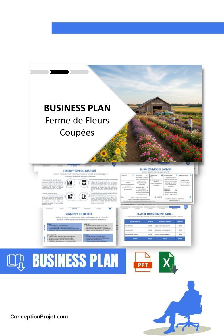 Pack Business Plan pour Ferme de Fleurs Coupées - Modèle de business plan professionnel pour Ferme de Fleurs Coupées, spécialement conçu pour les entrepreneurs, incluant un prévisionnel financier 100% automatisé, une stratégie marketing intégrée, ainsi qu’une analyse complète (SWOT, Business Model Canvas, étude de marché et analyse des risques). Ce document au design moderne et entièrement personnalisable sous Word est structuré pour répondre aux exigences des banques et des investisseurs, tout en permettant un gain de temps considérable grâce à son contenu pré-rédigé.