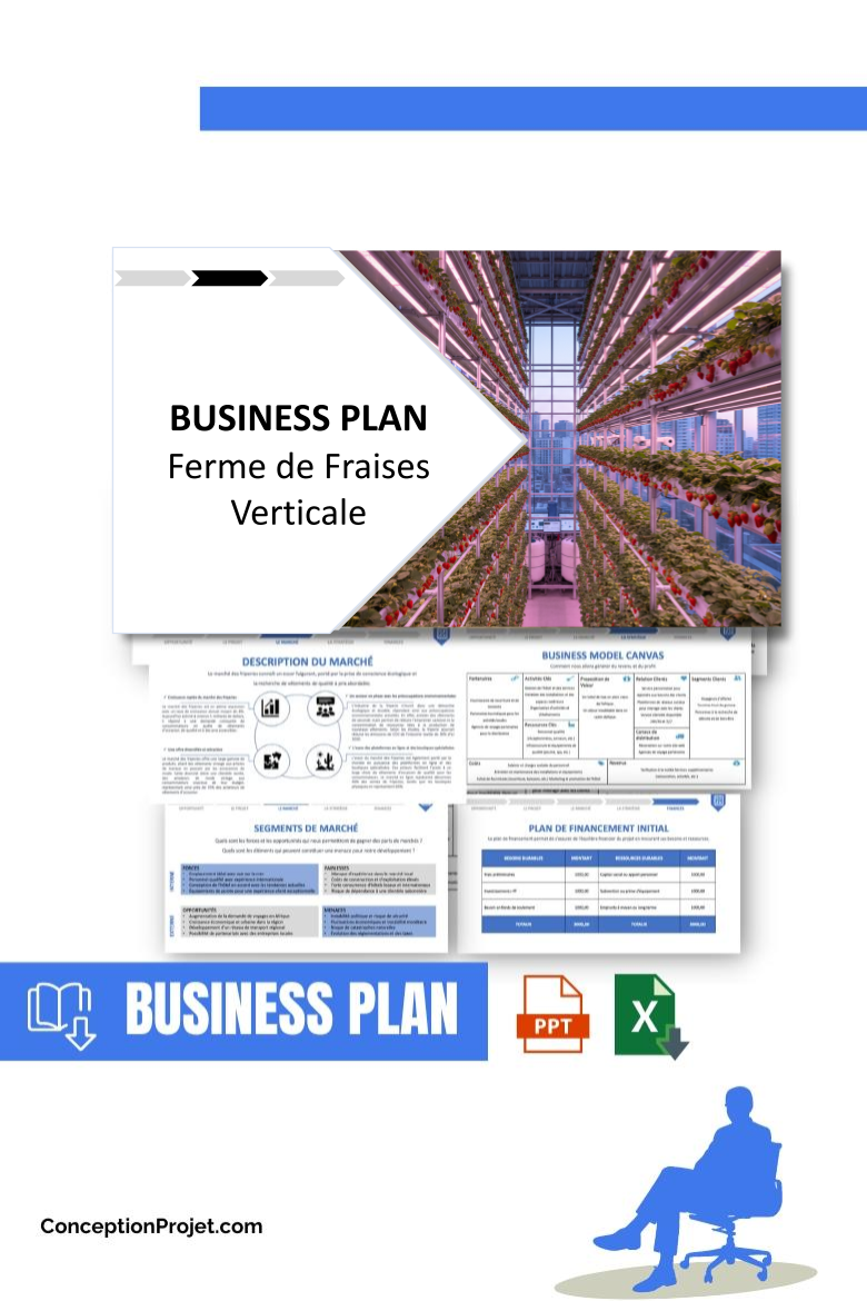 Pack Business Plan pour Ferme de Fraises Verticale - Modèle de business plan professionnel pour Ferme de Fraises Verticale, spécialement conçu pour les entrepreneurs, incluant un prévisionnel financier 100% automatisé, une stratégie marketing intégrée, ainsi qu’une analyse complète (SWOT, Business Model Canvas, étude de marché et analyse des risques). Ce document au design moderne et entièrement personnalisable sous Word est structuré pour répondre aux exigences des banques et des investisseurs, tout en permettant un gain de temps considérable grâce à son contenu pré-rédigé.
