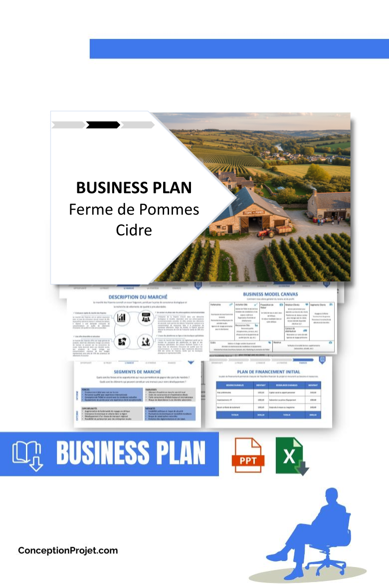 Pack Business Plan pour Ferme de Pommes Cidre - Modèle de business plan professionnel pour Ferme de Pommes Cidre, spécialement conçu pour les entrepreneurs, incluant un prévisionnel financier 100% automatisé, une stratégie marketing intégrée, ainsi qu’une analyse complète (SWOT, Business Model Canvas, étude de marché et analyse des risques). Ce document au design moderne et entièrement personnalisable sous Word est structuré pour répondre aux exigences des banques et des investisseurs, tout en permettant un gain de temps considérable grâce à son contenu pré-rédigé.