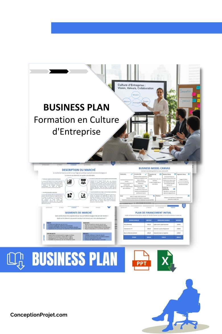 Pack Business Plan pour Formation en Culture d'Entreprise - Modèle de business plan professionnel pour Formation en Culture d'Entreprise, spécialement conçu pour les entrepreneurs, incluant un prévisionnel financier 100% automatisé, une stratégie marketing intégrée, ainsi qu’une analyse complète (SWOT, Business Model Canvas, étude de marché et analyse des risques). Ce document au design moderne et entièrement personnalisable sous Word est structuré pour répondre aux exigences des banques et des investisseurs, tout en permettant un gain de temps considérable grâce à son contenu pré-rédigé.