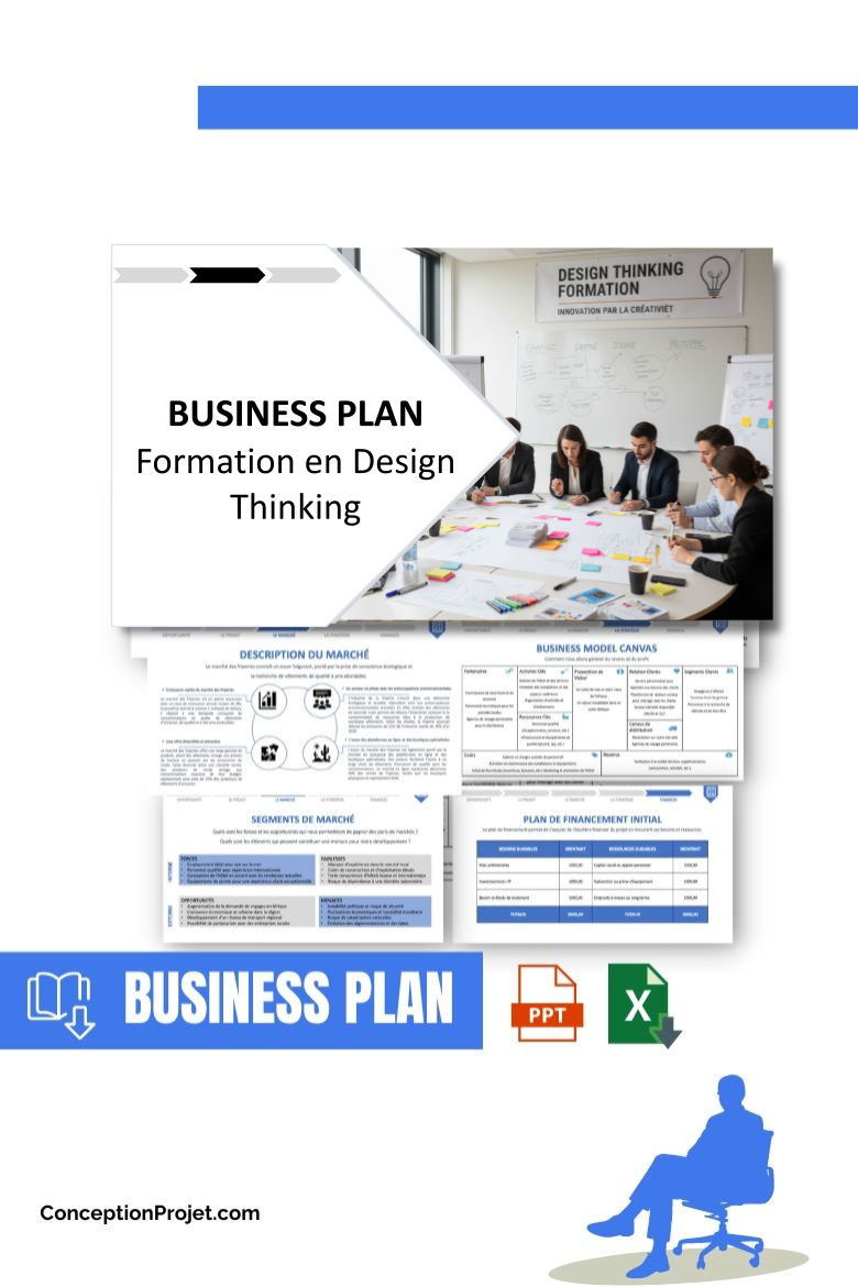 Pack Business Plan pour Formation en Design Thinking - Modèle de business plan professionnel pour Formation en Design Thinking, spécialement conçu pour les entrepreneurs, incluant un prévisionnel financier 100% automatisé, une stratégie marketing intégrée, ainsi qu’une analyse complète (SWOT, Business Model Canvas, étude de marché et analyse des risques). Ce document au design moderne et entièrement personnalisable sous Word est structuré pour répondre aux exigences des banques et des investisseurs, tout en permettant un gain de temps considérable grâce à son contenu pré-rédigé.
