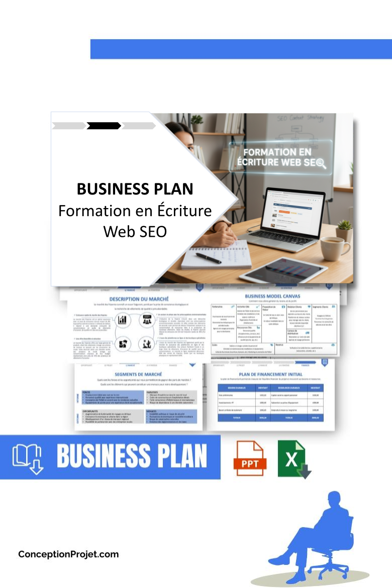 Pack Business Plan pour Formation en Écriture Web SEO - Modèle de business plan professionnel pour Formation en Écriture Web SEO, spécialement conçu pour les entrepreneurs, incluant un prévisionnel financier 100% automatisé, une stratégie marketing intégrée, ainsi qu’une analyse complète (SWOT, Business Model Canvas, étude de marché et analyse des risques). Ce document au design moderne et entièrement personnalisable sous Word est structuré pour répondre aux exigences des banques et des investisseurs, tout en permettant un gain de temps considérable grâce à son contenu pré-rédigé.