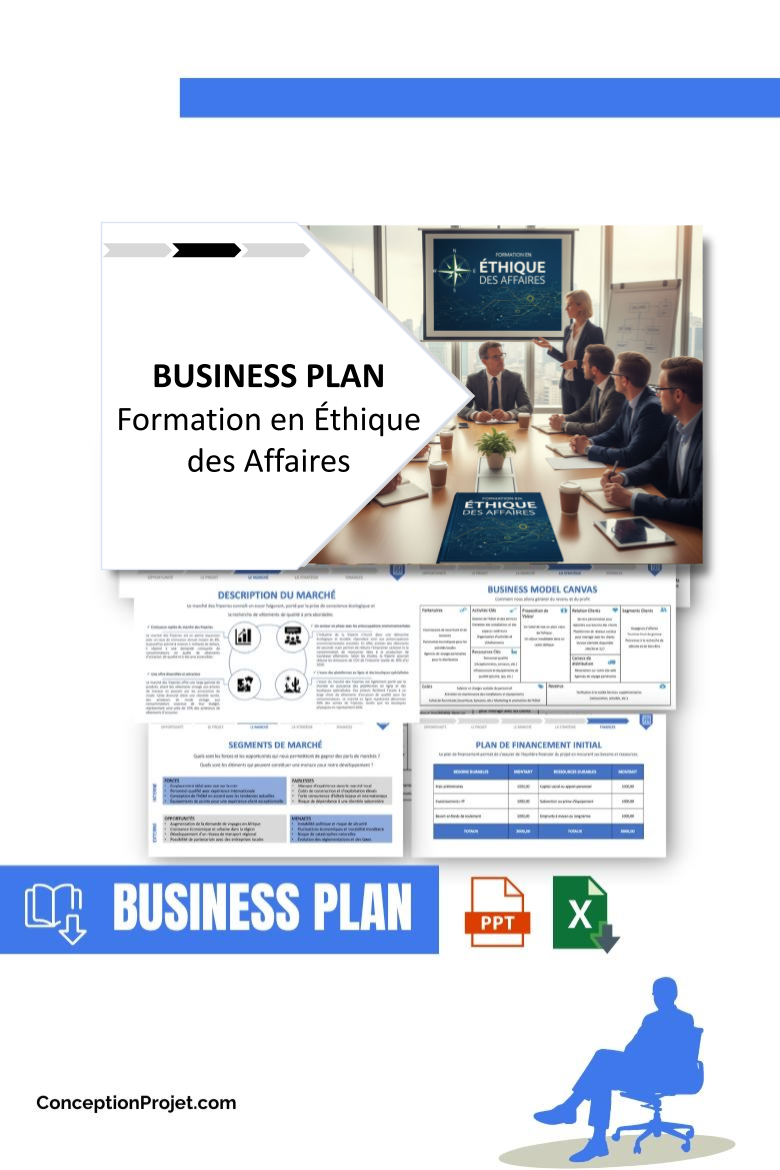 Pack Business Plan pour Formation en Éthique des Affaires - Modèle de business plan professionnel pour Formation en Éthique des Affaires, spécialement conçu pour les entrepreneurs, incluant un prévisionnel financier 100% automatisé, une stratégie marketing intégrée, ainsi qu’une analyse complète (SWOT, Business Model Canvas, étude de marché et analyse des risques). Ce document au design moderne et entièrement personnalisable sous Word est structuré pour répondre aux exigences des banques et des investisseurs, tout en permettant un gain de temps considérable grâce à son contenu pré-rédigé.
