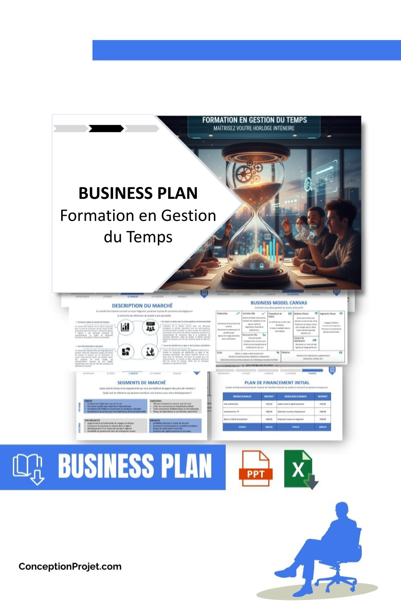 Pack Business Plan pour Formation en Gestion du Temps - Modèle de business plan professionnel pour Formation en Gestion du Temps, spécialement conçu pour les entrepreneurs, incluant un prévisionnel financier 100% automatisé, une stratégie marketing intégrée, ainsi qu’une analyse complète (SWOT, Business Model Canvas, étude de marché et analyse des risques). Ce document au design moderne et entièrement personnalisable sous Word est structuré pour répondre aux exigences des banques et des investisseurs, tout en permettant un gain de temps considérable grâce à son contenu pré-rédigé.