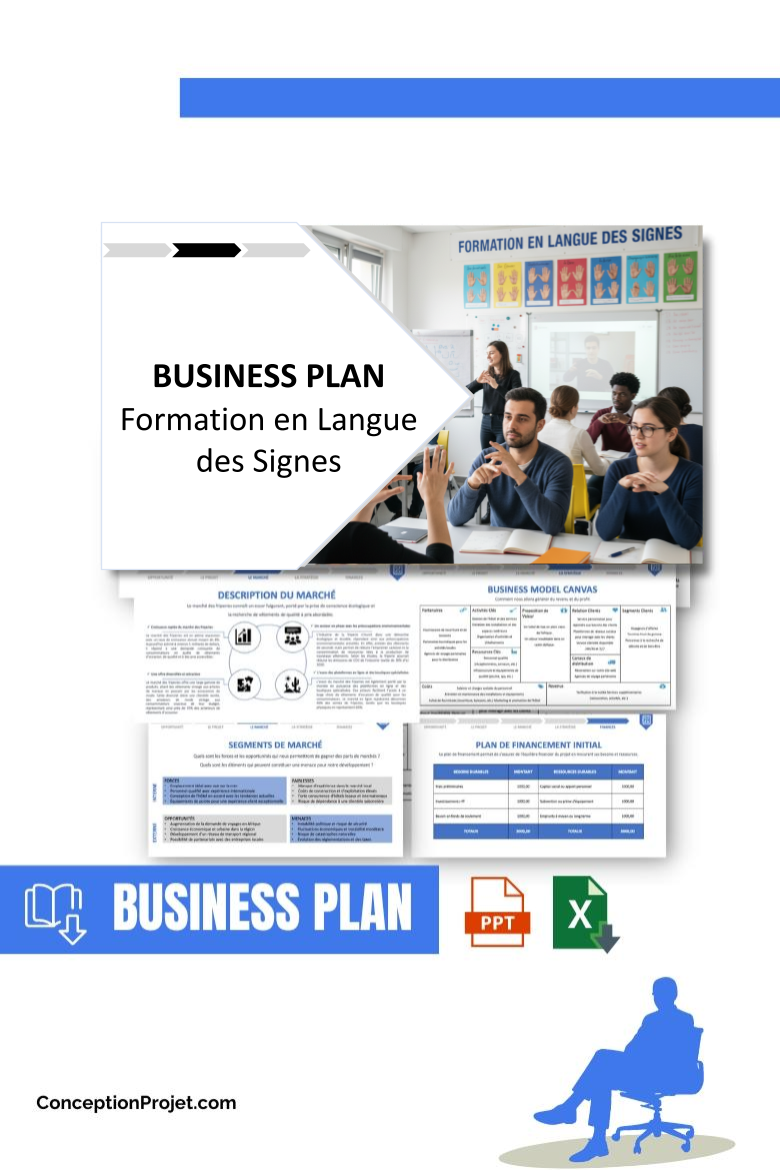 Pack Business Plan pour Formation en Langue des Signes - Modèle de business plan professionnel pour Formation en Langue des Signes, spécialement conçu pour les entrepreneurs, incluant un prévisionnel financier 100% automatisé, une stratégie marketing intégrée, ainsi qu’une analyse complète (SWOT, Business Model Canvas, étude de marché et analyse des risques). Ce document au design moderne et entièrement personnalisable sous Word est structuré pour répondre aux exigences des banques et des investisseurs, tout en permettant un gain de temps considérable grâce à son contenu pré-rédigé.