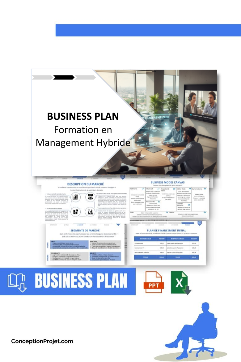 Pack Business Plan pour Formation en Management Hybride - Modèle de business plan professionnel pour Formation en Management Hybride, spécialement conçu pour les entrepreneurs, incluant un prévisionnel financier 100% automatisé, une stratégie marketing intégrée, ainsi qu’une analyse complète (SWOT, Business Model Canvas, étude de marché et analyse des risques). Ce document au design moderne et entièrement personnalisable sous Word est structuré pour répondre aux exigences des banques et des investisseurs, tout en permettant un gain de temps considérable grâce à son contenu pré-rédigé.