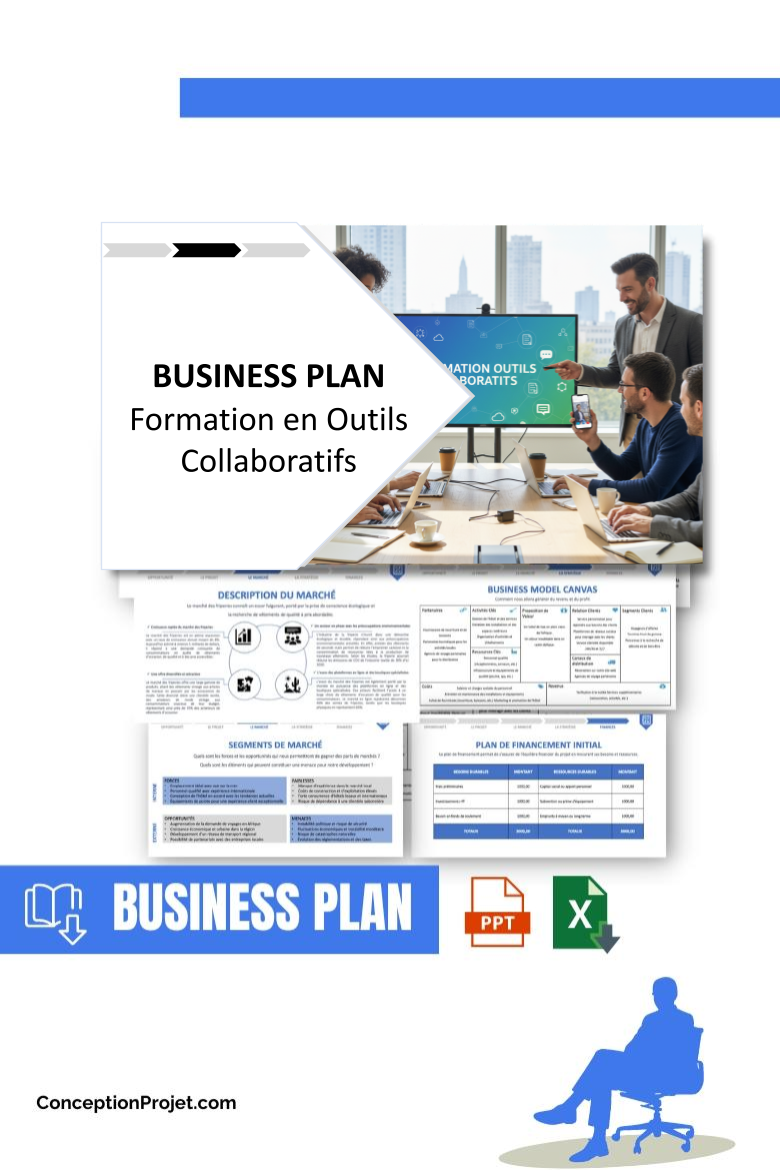 Pack Business Plan pour Formation en Outils Collaboratifs - Modèle de business plan professionnel pour Formation en Outils Collaboratifs, spécialement conçu pour les entrepreneurs, incluant un prévisionnel financier 100% automatisé, une stratégie marketing intégrée, ainsi qu’une analyse complète (SWOT, Business Model Canvas, étude de marché et analyse des risques). Ce document au design moderne et entièrement personnalisable sous Word est structuré pour répondre aux exigences des banques et des investisseurs, tout en permettant un gain de temps considérable grâce à son contenu pré-rédigé.