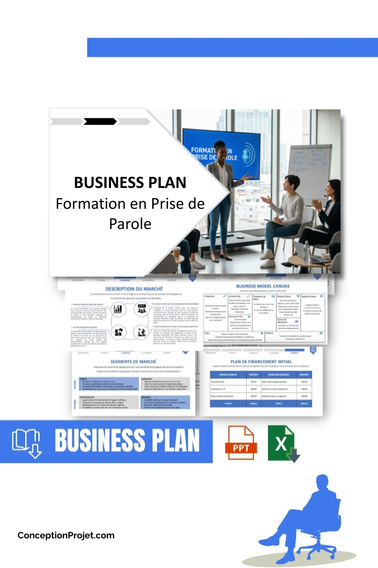 Pack Business Plan pour Formation en Prise de Parole - Modèle de business plan professionnel pour Formation en Prise de Parole, spécialement conçu pour les entrepreneurs, incluant un prévisionnel financier 100% automatisé, une stratégie marketing intégrée, ainsi qu’une analyse complète (SWOT, Business Model Canvas, étude de marché et analyse des risques). Ce document au design moderne et entièrement personnalisable sous Word est structuré pour répondre aux exigences des banques et des investisseurs, tout en permettant un gain de temps considérable grâce à son contenu pré-rédigé.