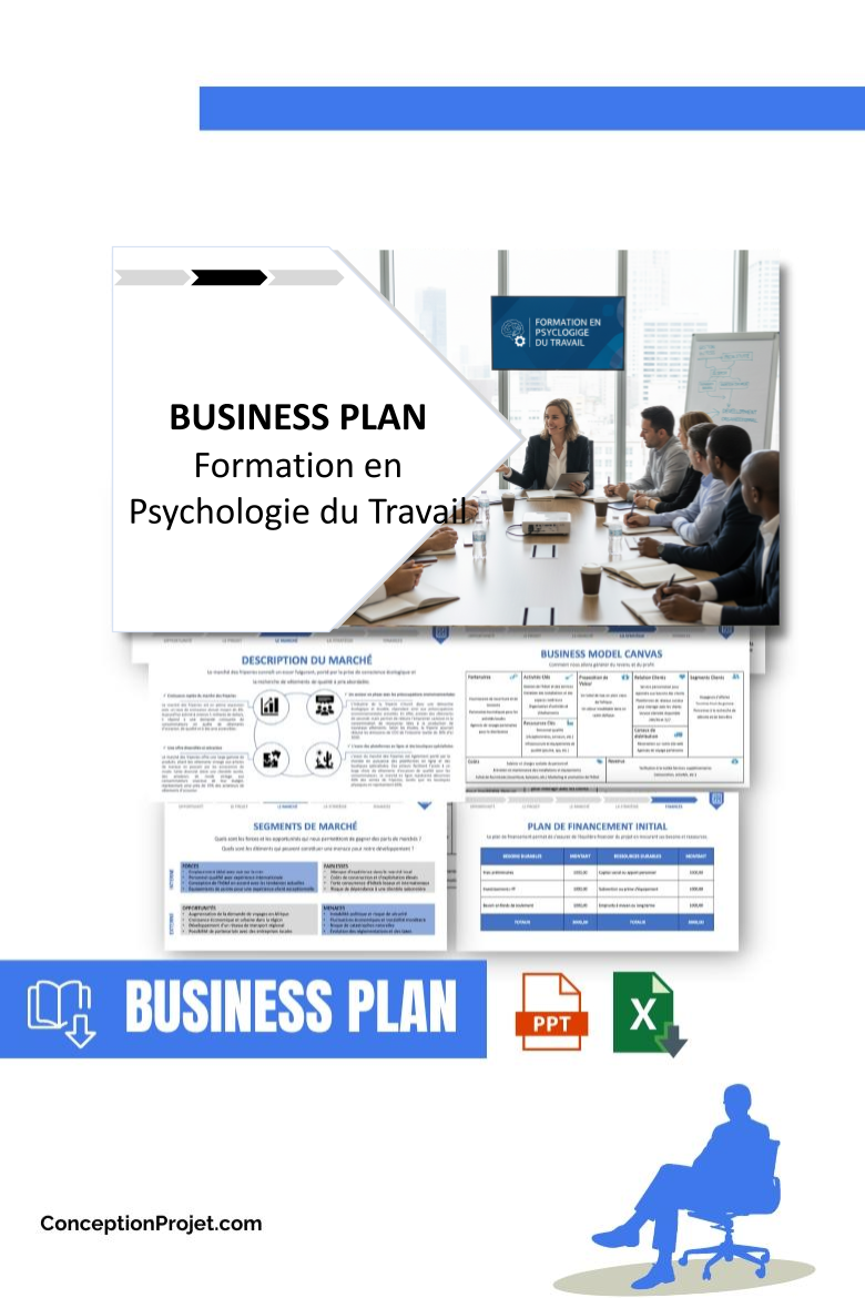 Pack Business Plan pour Formation en Psychologie du Travail - Modèle de business plan professionnel pour Formation en Psychologie du Travail, spécialement conçu pour les entrepreneurs, incluant un prévisionnel financier 100% automatisé, une stratégie marketing intégrée, ainsi qu’une analyse complète (SWOT, Business Model Canvas, étude de marché et analyse des risques). Ce document au design moderne et entièrement personnalisable sous Word est structuré pour répondre aux exigences des banques et des investisseurs, tout en permettant un gain de temps considérable grâce à son contenu pré-rédigé.