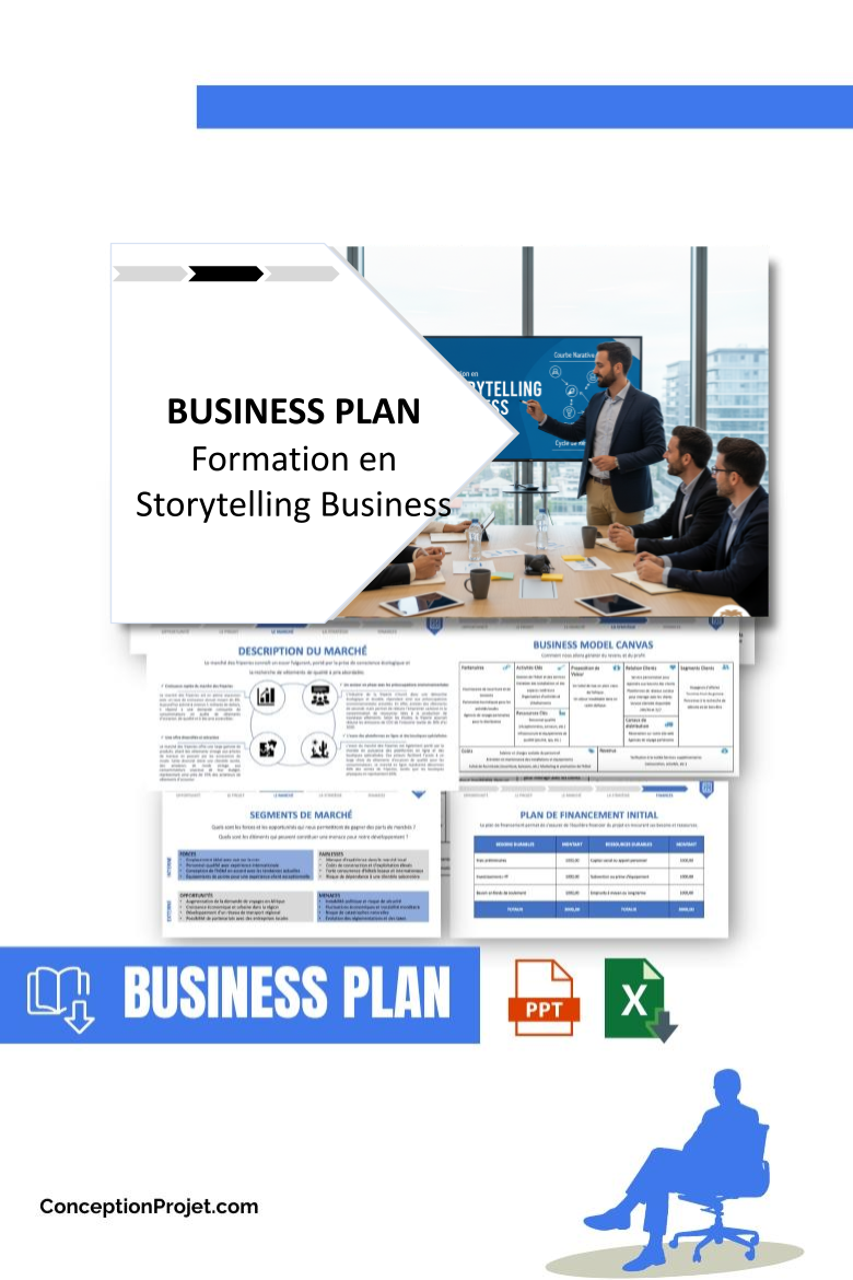 Pack Business Plan pour Formation en Storytelling Business - Modèle de business plan professionnel pour Formation en Storytelling Business, spécialement conçu pour les entrepreneurs, incluant un prévisionnel financier 100% automatisé, une stratégie marketing intégrée, ainsi qu’une analyse complète (SWOT, Business Model Canvas, étude de marché et analyse des risques). Ce document au design moderne et entièrement personnalisable sous Word est structuré pour répondre aux exigences des banques et des investisseurs, tout en permettant un gain de temps considérable grâce à son contenu pré-rédigé.