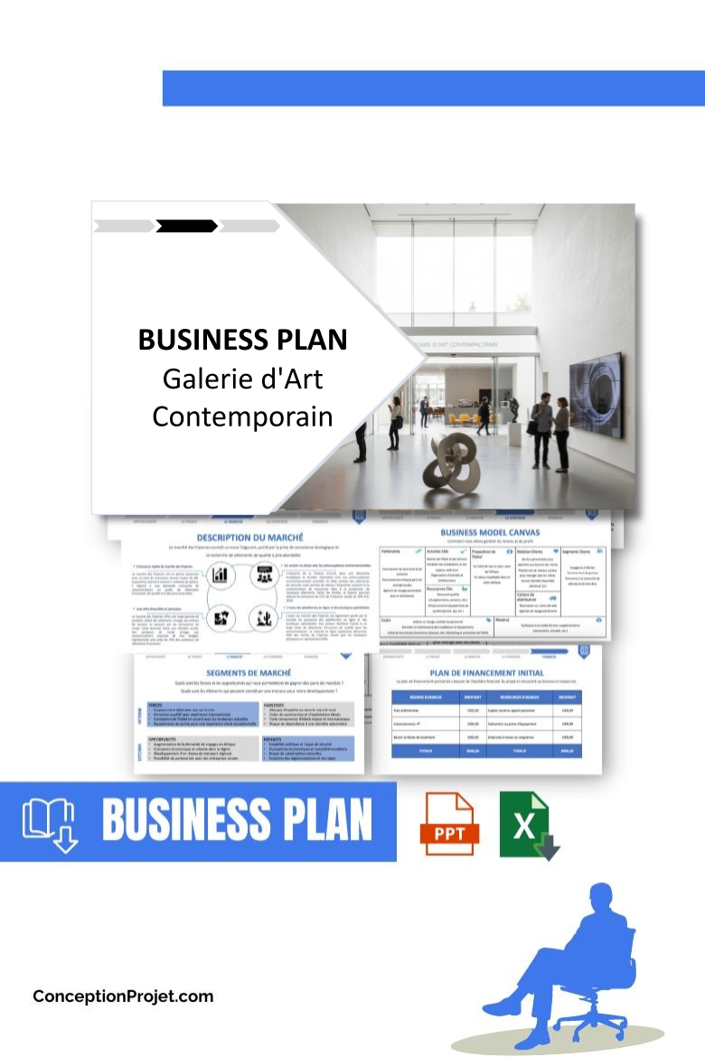 Pack Business Plan pour Galerie d'Art Contemporain - Modèle de business plan professionnel pour Galerie d'Art Contemporain, spécialement conçu pour les entrepreneurs, incluant un prévisionnel financier 100% automatisé, une stratégie marketing intégrée, ainsi qu’une analyse complète (SWOT, Business Model Canvas, étude de marché et analyse des risques). Ce document au design moderne et entièrement personnalisable sous Word est structuré pour répondre aux exigences des banques et des investisseurs, tout en permettant un gain de temps considérable grâce à son contenu pré-rédigé.