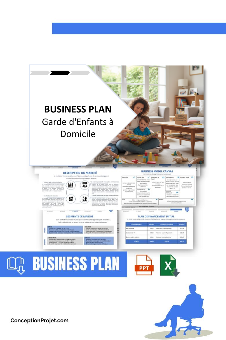 Pack Business Plan pour Garde d'Enfants à Domicile - Modèle de business plan professionnel pour Garde d'Enfants à Domicile, spécialement conçu pour les entrepreneurs, incluant un prévisionnel financier 100% automatisé, une stratégie marketing intégrée, ainsi qu’une analyse complète (SWOT, Business Model Canvas, étude de marché et analyse des risques). Ce document au design moderne et entièrement personnalisable sous Word est structuré pour répondre aux exigences des banques et des investisseurs, tout en permettant un gain de temps considérable grâce à son contenu pré-rédigé.