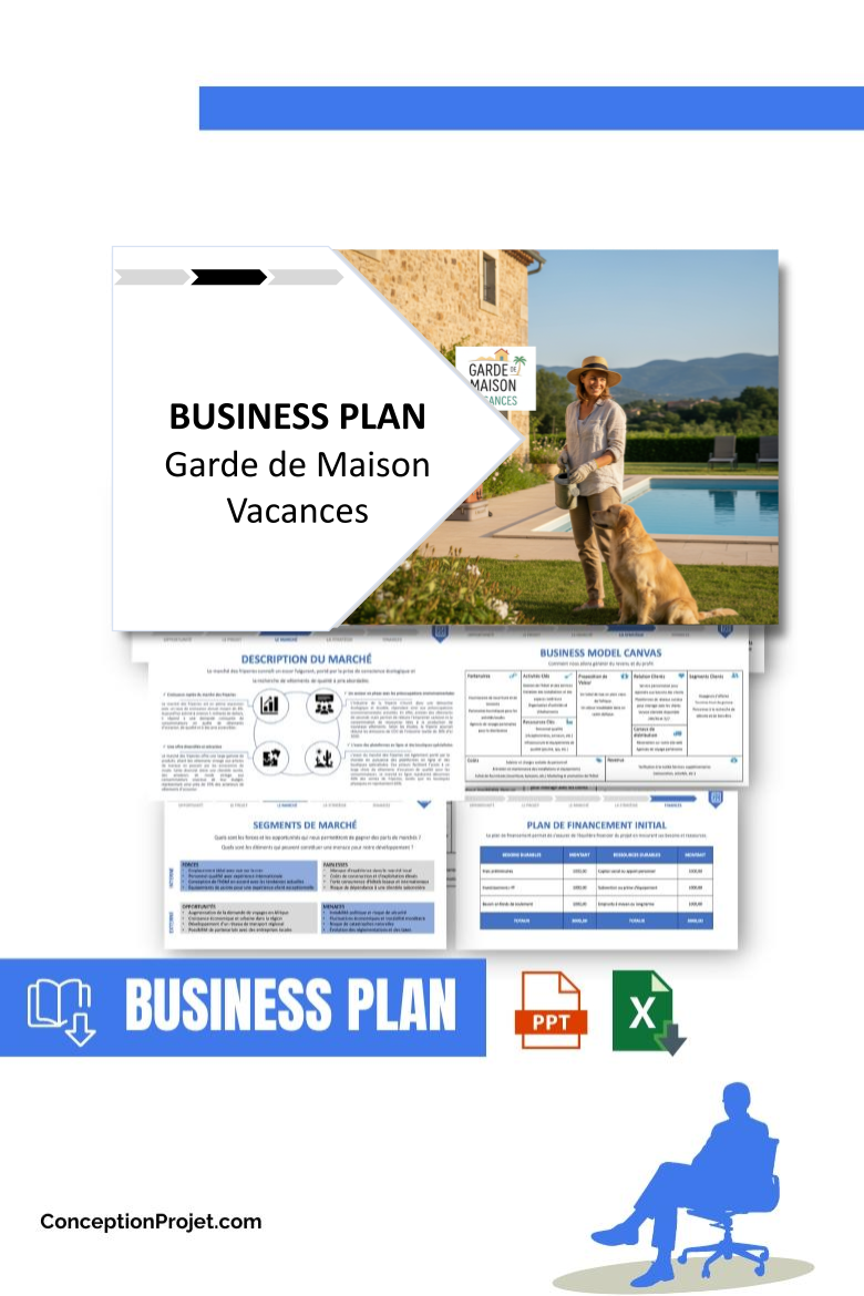 Pack Business Plan pour Garde de Maison Vacances - Modèle de business plan professionnel pour Garde de Maison Vacances, spécialement conçu pour les entrepreneurs, incluant un prévisionnel financier 100% automatisé, une stratégie marketing intégrée, ainsi qu’une analyse complète (SWOT, Business Model Canvas, étude de marché et analyse des risques). Ce document au design moderne et entièrement personnalisable sous Word est structuré pour répondre aux exigences des banques et des investisseurs, tout en permettant un gain de temps considérable grâce à son contenu pré-rédigé.
