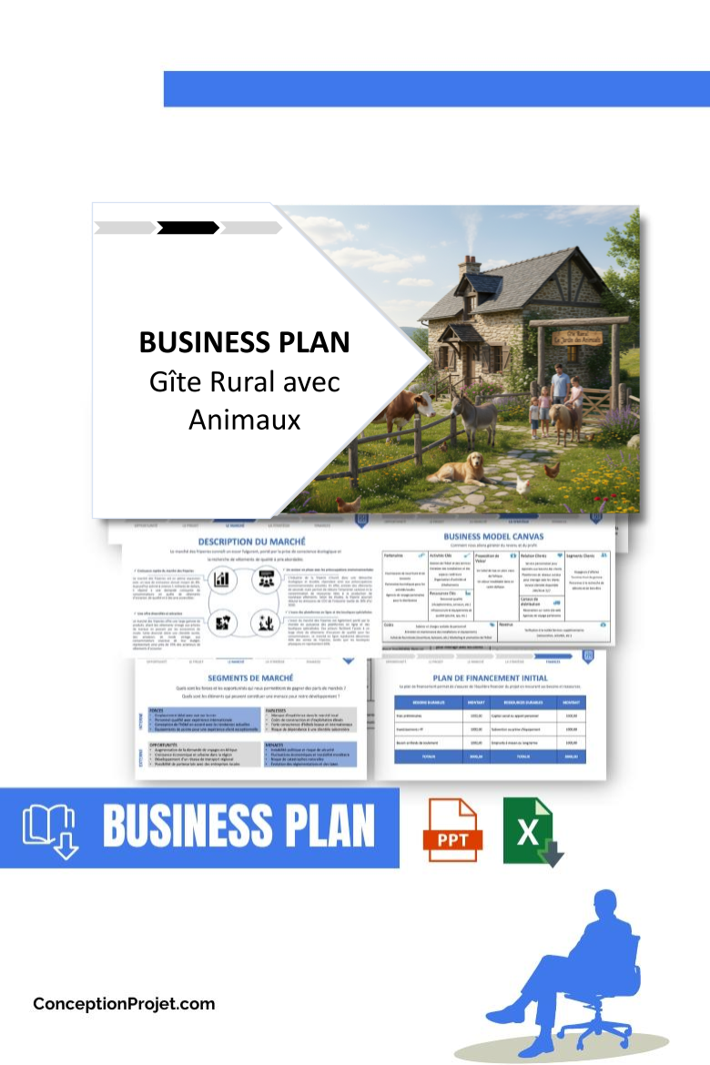 Pack Business Plan pour Gîte Rural avec Animaux - Modèle de business plan professionnel pour Gîte Rural avec Animaux, spécialement conçu pour les entrepreneurs, incluant un prévisionnel financier 100% automatisé, une stratégie marketing intégrée, ainsi qu’une analyse complète (SWOT, Business Model Canvas, étude de marché et analyse des risques). Ce document au design moderne et entièrement personnalisable sous Word est structuré pour répondre aux exigences des banques et des investisseurs, tout en permettant un gain de temps considérable grâce à son contenu pré-rédigé.