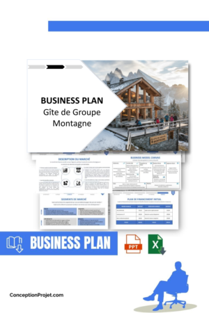 Pack Business Plan pour Gîte de Groupe Montagne - Modèle de business plan professionnel pour Gîte de Groupe Montagne, spécialement conçu pour les entrepreneurs, incluant un prévisionnel financier 100% automatisé, une stratégie marketing intégrée, ainsi qu’une analyse complète (SWOT, Business Model Canvas, étude de marché et analyse des risques). Ce document au design moderne et entièrement personnalisable sous Word est structuré pour répondre aux exigences des banques et des investisseurs, tout en permettant un gain de temps considérable grâce à son contenu pré-rédigé.