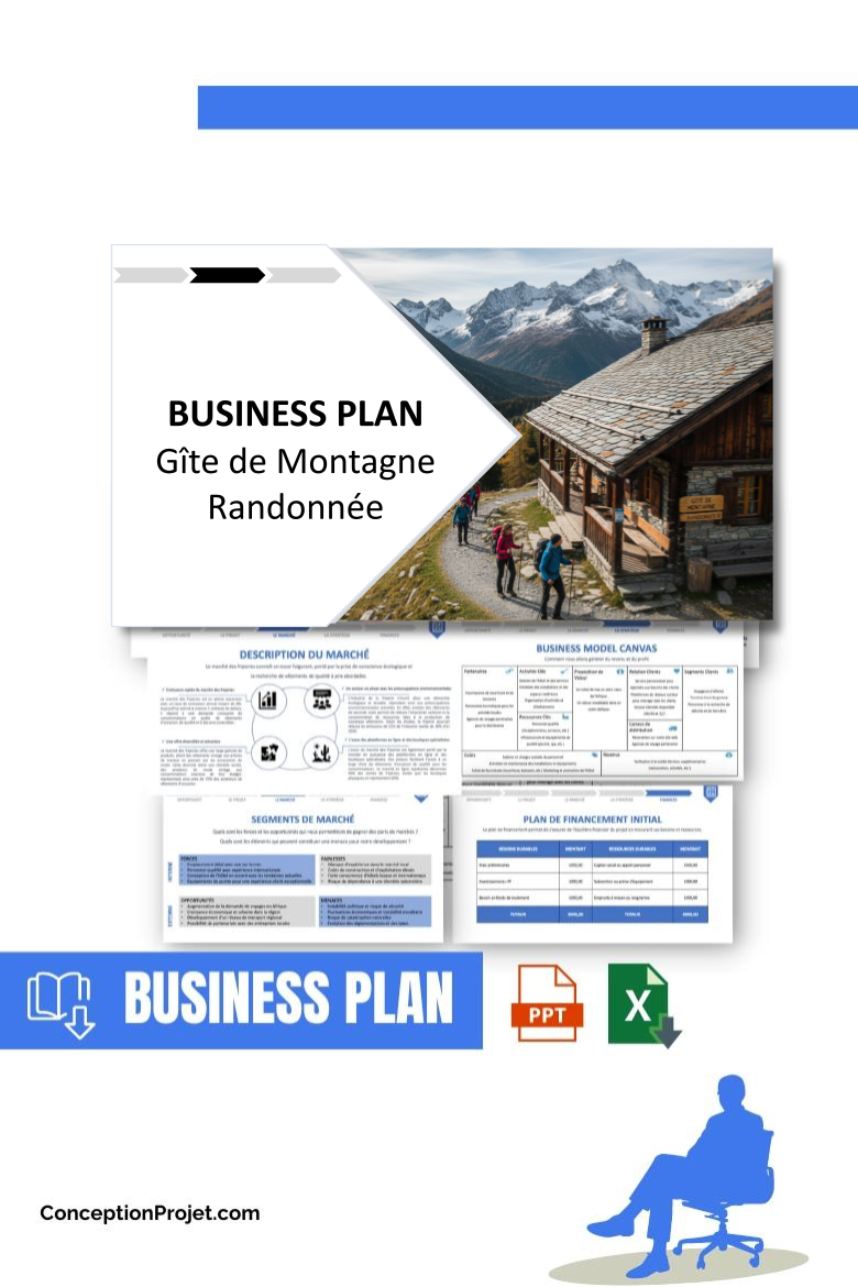 Pack Business Plan pour Gîte de Montagne Randonnée - Modèle de business plan professionnel pour Gîte de Montagne Randonnée, spécialement conçu pour les entrepreneurs, incluant un prévisionnel financier 100% automatisé, une stratégie marketing intégrée, ainsi qu’une analyse complète (SWOT, Business Model Canvas, étude de marché et analyse des risques). Ce document au design moderne et entièrement personnalisable sous Word est structuré pour répondre aux exigences des banques et des investisseurs, tout en permettant un gain de temps considérable grâce à son contenu pré-rédigé.
