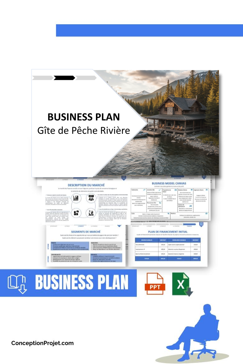 Pack Business Plan pour Gîte de Pêche Rivière - Modèle de business plan professionnel pour Gîte de Pêche Rivière, spécialement conçu pour les entrepreneurs, incluant un prévisionnel financier 100% automatisé, une stratégie marketing intégrée, ainsi qu’une analyse complète (SWOT, Business Model Canvas, étude de marché et analyse des risques). Ce document au design moderne et entièrement personnalisable sous Word est structuré pour répondre aux exigences des banques et des investisseurs, tout en permettant un gain de temps considérable grâce à son contenu pré-rédigé.