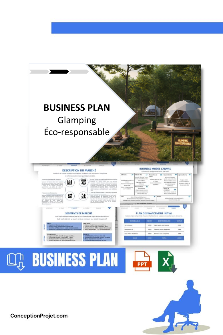 Pack Business Plan Glamping Éco-responsable 2026 1 Pack Business Plan pour Glamping Éco-responsable - Modèle de business plan professionnel pour Glamping Éco-responsable, spécialement conçu pour les entrepreneurs, incluant un prévisionnel financier 100% automatisé, une stratégie marketing intégrée, ainsi qu’une analyse complète (SWOT, Business Model Canvas, étude de marché et analyse des risques). Ce document au design moderne et entièrement personnalisable sous Word est structuré pour répondre aux exigences des banques et des investisseurs, tout en permettant un gain de temps considérable grâce à son contenu pré-rédigé.