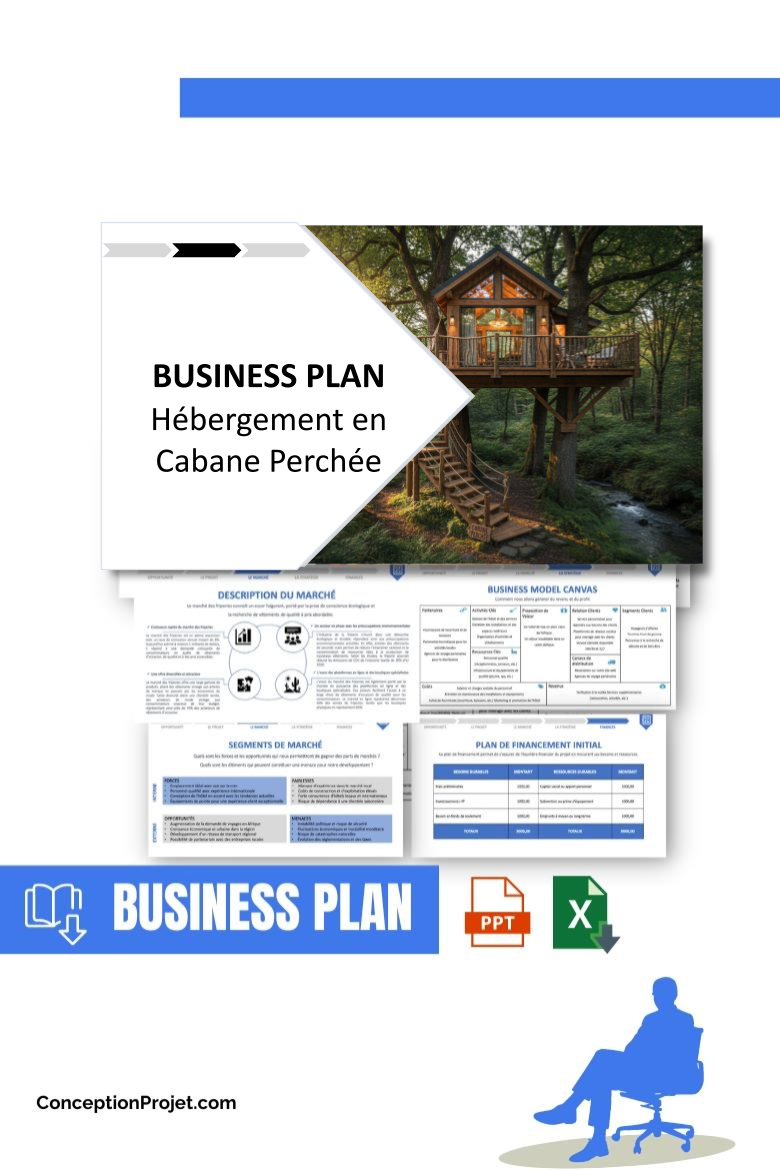 Pack Business Plan pour Hébergement en Cabane Perchée - Modèle de business plan professionnel pour Hébergement en Cabane Perchée, spécialement conçu pour les entrepreneurs, incluant un prévisionnel financier 100% automatisé, une stratégie marketing intégrée, ainsi qu’une analyse complète (SWOT, Business Model Canvas, étude de marché et analyse des risques). Ce document au design moderne et entièrement personnalisable sous Word est structuré pour répondre aux exigences des banques et des investisseurs, tout en permettant un gain de temps considérable grâce à son contenu pré-rédigé.
