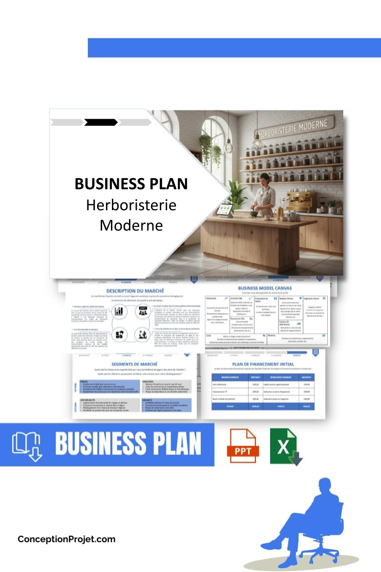 Pack Business Plan pour Herboristerie Moderne - Modèle de business plan professionnel pour Herboristerie Moderne, spécialement conçu pour les entrepreneurs, incluant un prévisionnel financier 100% automatisé, une stratégie marketing intégrée, ainsi qu’une analyse complète (SWOT, Business Model Canvas, étude de marché et analyse des risques). Ce document au design moderne et entièrement personnalisable sous Word est structuré pour répondre aux exigences des banques et des investisseurs, tout en permettant un gain de temps considérable grâce à son contenu pré-rédigé.