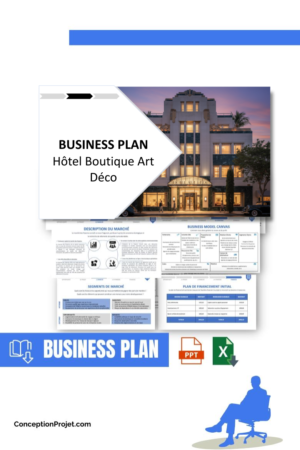 Accueil 2 Pack Business Plan pour Hôtel Boutique Art Déco - Modèle de business plan professionnel pour Hôtel Boutique Art Déco, spécialement conçu pour les entrepreneurs, incluant un prévisionnel financier 100% automatisé, une stratégie marketing intégrée, ainsi qu’une analyse complète (SWOT, Business Model Canvas, étude de marché et analyse des risques). Ce document au design moderne et entièrement personnalisable sous Word est structuré pour répondre aux exigences des banques et des investisseurs, tout en permettant un gain de temps considérable grâce à son contenu pré-rédigé.