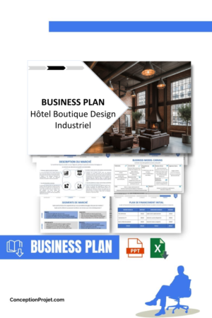 Pack Business Plan pour Hôtel Boutique Design Industriel - Modèle de business plan professionnel pour Hôtel Boutique Design Industriel, spécialement conçu pour les entrepreneurs, incluant un prévisionnel financier 100% automatisé, une stratégie marketing intégrée, ainsi qu’une analyse complète (SWOT, Business Model Canvas, étude de marché et analyse des risques). Ce document au design moderne et entièrement personnalisable sous Word est structuré pour répondre aux exigences des banques et des investisseurs, tout en permettant un gain de temps considérable grâce à son contenu pré-rédigé.