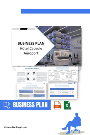 Pack Business Plan pour Hôtel Capsule Aéroport - Modèle de business plan professionnel pour Hôtel Capsule Aéroport, spécialement conçu pour les entrepreneurs, incluant un prévisionnel financier 100% automatisé, une stratégie marketing intégrée, ainsi qu’une analyse complète (SWOT, Business Model Canvas, étude de marché et analyse des risques). Ce document au design moderne et entièrement personnalisable sous Word est structuré pour répondre aux exigences des banques et des investisseurs, tout en permettant un gain de temps considérable grâce à son contenu pré-rédigé.