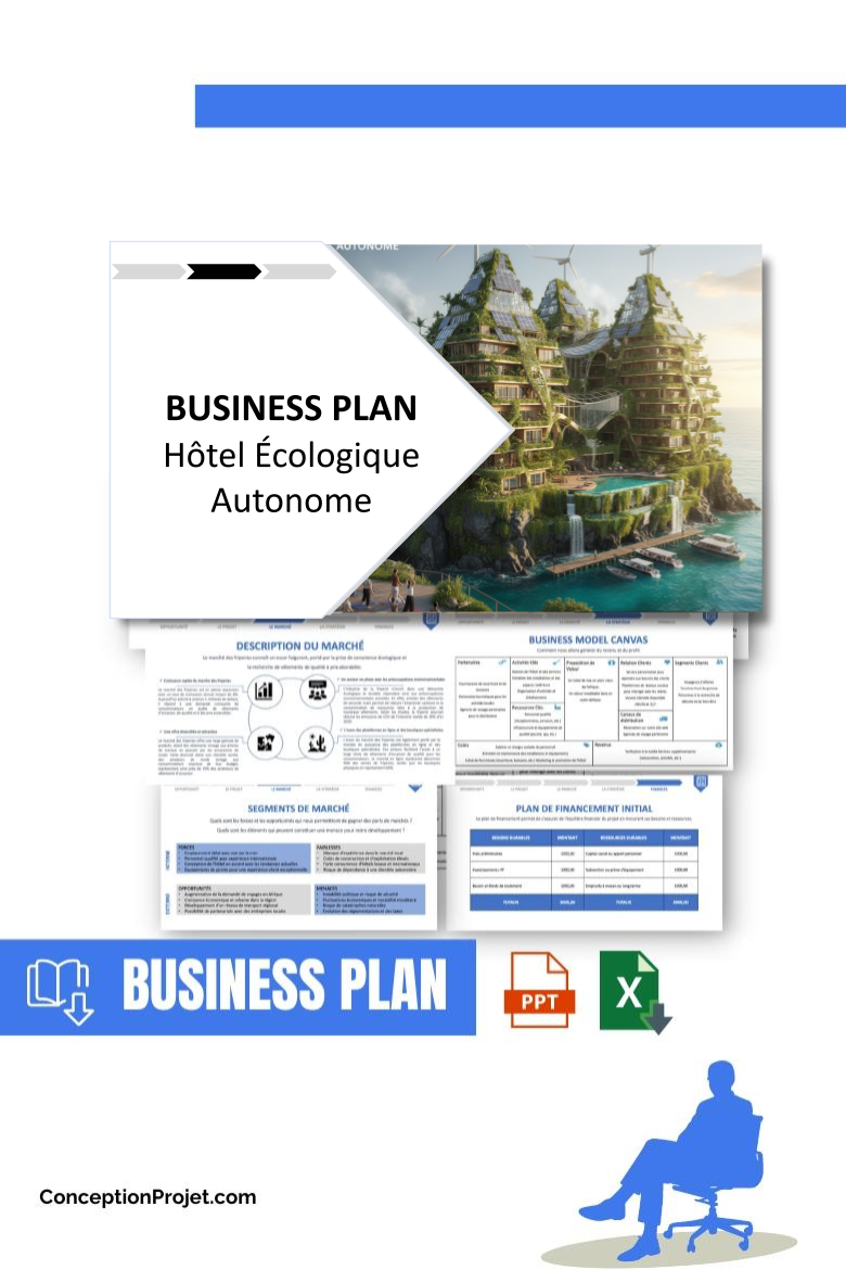 Pack Business Plan pour Hôtel Écologique Autonome - Modèle de business plan professionnel pour Hôtel Écologique Autonome, spécialement conçu pour les entrepreneurs, incluant un prévisionnel financier 100% automatisé, une stratégie marketing intégrée, ainsi qu’une analyse complète (SWOT, Business Model Canvas, étude de marché et analyse des risques). Ce document au design moderne et entièrement personnalisable sous Word est structuré pour répondre aux exigences des banques et des investisseurs, tout en permettant un gain de temps considérable grâce à son contenu pré-rédigé.