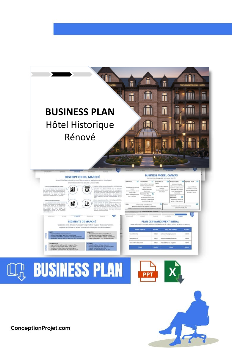 Pack Business Plan pour Hôtel Historique Rénové - Modèle de business plan professionnel pour Hôtel Historique Rénové, spécialement conçu pour les entrepreneurs, incluant un prévisionnel financier 100% automatisé, une stratégie marketing intégrée, ainsi qu’une analyse complète (SWOT, Business Model Canvas, étude de marché et analyse des risques). Ce document au design moderne et entièrement personnalisable sous Word est structuré pour répondre aux exigences des banques et des investisseurs, tout en permettant un gain de temps considérable grâce à son contenu pré-rédigé.