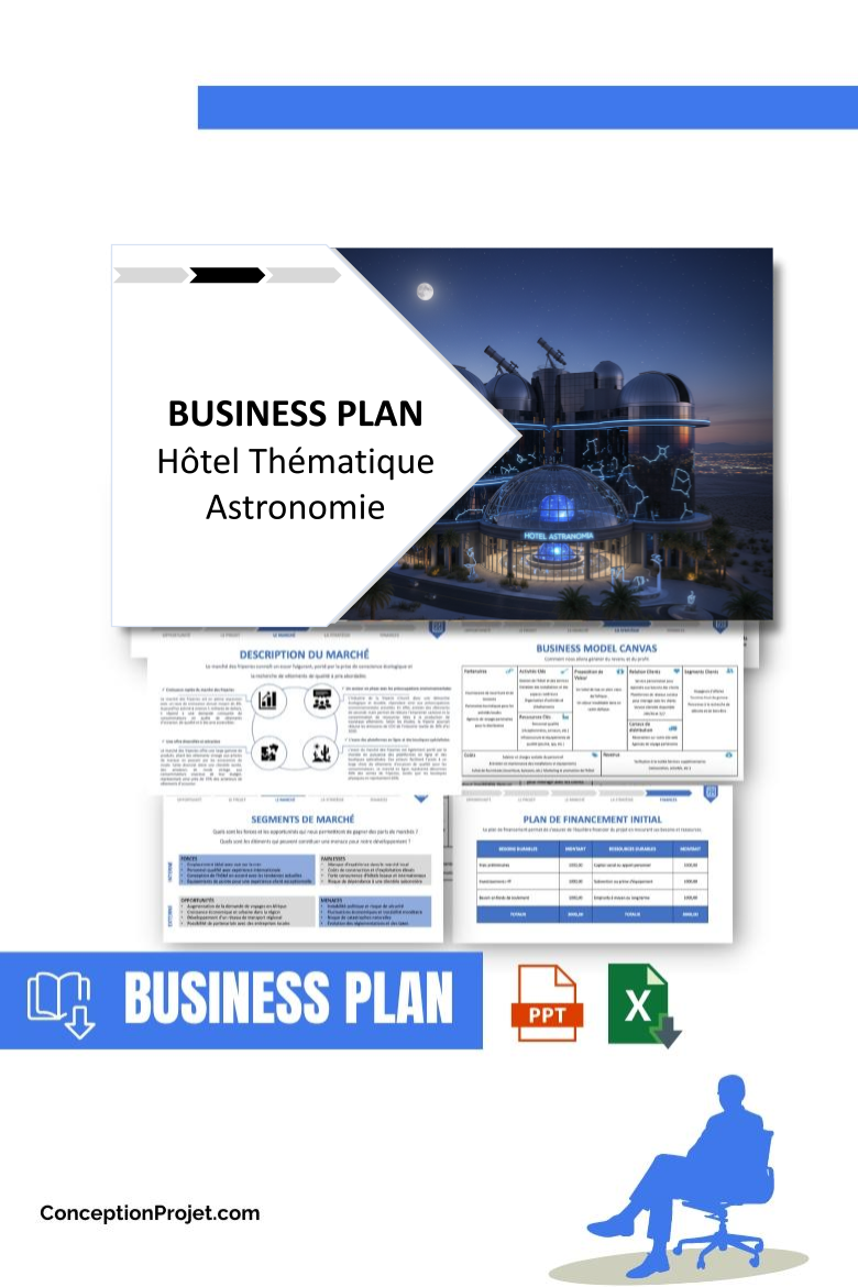 Pack Business Plan pour Hôtel Thématique Astronomie - Modèle de business plan professionnel pour Hôtel Thématique Astronomie, spécialement conçu pour les entrepreneurs, incluant un prévisionnel financier 100% automatisé, une stratégie marketing intégrée, ainsi qu’une analyse complète (SWOT, Business Model Canvas, étude de marché et analyse des risques). Ce document au design moderne et entièrement personnalisable sous Word est structuré pour répondre aux exigences des banques et des investisseurs, tout en permettant un gain de temps considérable grâce à son contenu pré-rédigé.