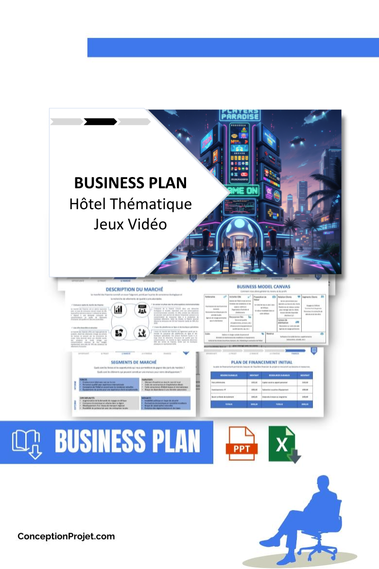 Pack Business Plan pour Hôtel Thématique Jeux Vidéo - Modèle de business plan professionnel pour Hôtel Thématique Jeux Vidéo, spécialement conçu pour les entrepreneurs, incluant un prévisionnel financier 100% automatisé, une stratégie marketing intégrée, ainsi qu’une analyse complète (SWOT, Business Model Canvas, étude de marché et analyse des risques). Ce document au design moderne et entièrement personnalisable sous Word est structuré pour répondre aux exigences des banques et des investisseurs, tout en permettant un gain de temps considérable grâce à son contenu pré-rédigé.